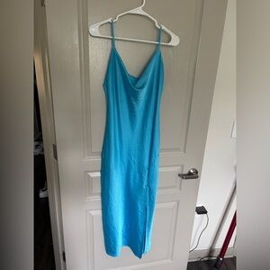 Cowl Neck Satin Sky Blue Midi Dress